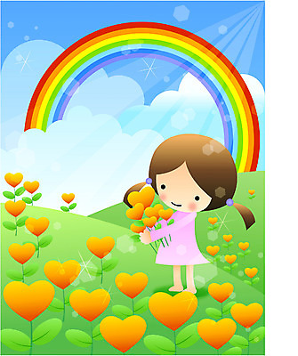EPS 주간 전신 여자 감정 어린이라이프 초등학생 어린이 무지개 꽃밭 일러스트 상상 한명 서기 사람 소녀 초원 야외 빛 하트 순수 여자만 여자한명만 어린이만 소녀만 소녀한명만 국내일러스트 자연요소 모양 1 학생 라이프스타일 꽃 컨셉 모션 파일형식 벡터