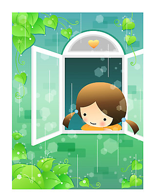EPS 여자 어린이라이프 초등학생 어린이 잎 일러스트 창문 자연 날씨 한명 사람 소녀 상반신 비 창가 소서 여자만 여자한명만 어린이만 소녀만 소녀한명만 국내일러스트 자연요소 식물 1 학생 라이프스타일 여름 절기 생태계 파일형식 벡터