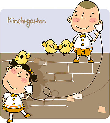 EPS 전신 여자 어린이교육 교육 남자 어린이 일러스트 장난 놀이 병아리 사람 소녀 소년 두명 담장 유치원 통화 전화놀이 어린이만 국내일러스트 모션 조류 파일형식 벡터