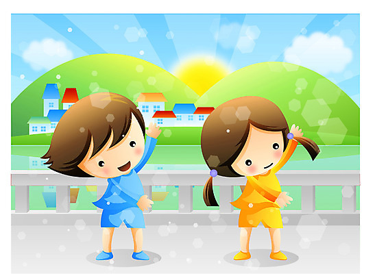 EPS 주간 전신 여자 남자 어린이라이프 어린이 일러스트 건강 서기 사람 소녀 소년 야외 두명 운동 태양 마을 일출 아침체조 어린이만 국내일러스트 자연요소 라이프스타일 모션 노을 체조 파일형식 벡터