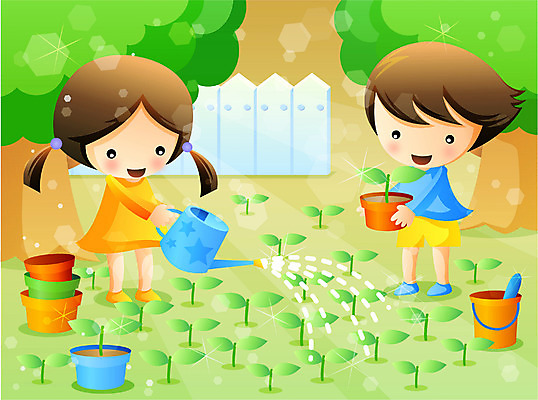 EPS 전신 직업 학생 여자 남자 어린이라이프 초등학생 어린이 일러스트 서기 사람 소녀 소년 야외 두명 친구 새싹 물주기 어린이만 국내일러스트 식물 라이프스타일 관계 모션 파일형식 벡터