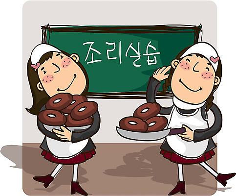 EPS 전신 학생 여학생 여자 교육 교복 가사 일러스트 교실 청소년 수업 실내 요리 서기 사람 두명 체험학습 실습 가정시간 여자만 십대만 십대여자만 국내일러스트 옷 학교 모션 내부 체험 파일형식 벡터