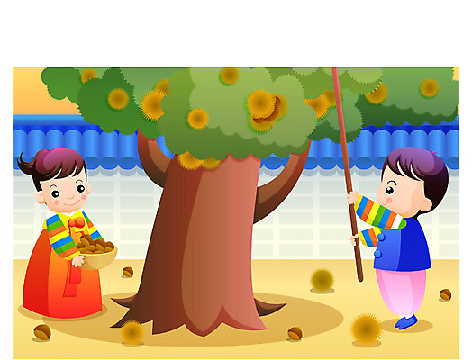 EPS 전신 커플 계절 여자 명절 남자 어린이 일러스트 서기 사람 야외 두명 추석 가을 한복 밤나무 밤따기 어린이만 국내일러스트 나무 한국전통 전통 기념일 관계 모션 밤_견과류 전통의상 파일형식 벡터