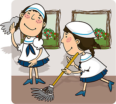 EPS 주간 전신 학생 여학생 여자 교육 교복 일러스트 교실 학교 청소년 실내 서기 사람 두명 친구 청소 청소시간 여자만 십대만 십대여자만 국내일러스트 자연요소 옷 관계 모션 내부 파일형식 벡터