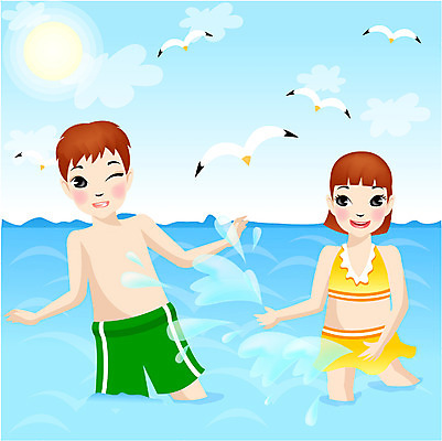 EPS 주간 학생 계절 여자 어린이교육 교육 남자 어린이 바다 일러스트 물놀이 물장구 방학 여름방학 서기 사람 소녀 소년 상반신 야외 두명 여름 해수욕장 어린이만 국내일러스트 자연요소 모션 놀이 휴가 파일형식 벡터 여름_계절