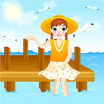 EPS 주간 학생 계절 여자 어린이교육 교육 초등학생 어린이 바다 일러스트 방학 여름방학 한명 사람 앉기 소녀 상반신 야외 여름 여자만 여자한명만 어린이만 소녀만 소녀한명만 국내일러스트 자연요소 1 모션 휴가 파일형식 벡터 여름_계절
