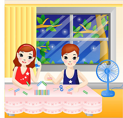 EPS 학생 계절 여자 어린이교육 교육 남자 어린이 일러스트 방학 집안 실내 여름방학 사람 앉기 소녀 소년 상반신 두명 여름 친구 선풍기 공작 야간 만들기 방학숙제 어린이만 국내일러스트 자연요소 관계 모션 조류 휴가 내부 가전제품 과제 파일형식 벡터 여름_계절