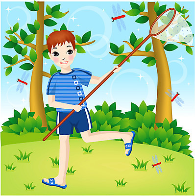 EPS 주간 전신 학생 계절 여자 어린이교육 교육 남자 초등학생 어린이 일러스트 방학 여름방학 한명 서기 사람 소녀 소년 초원 야외 여름 잠자리 곤충채집 채집망 어린이만 국내일러스트 자연요소 1 곤충 모션 휴가 수집 파일형식 벡터 여름_계절