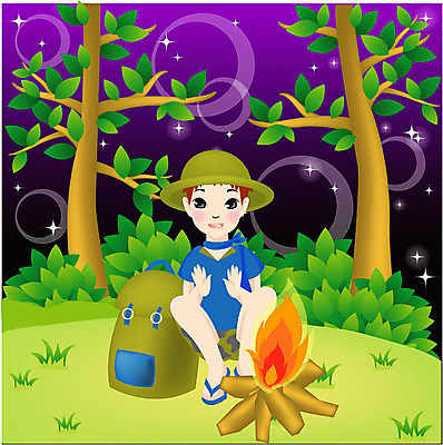 EPS 전신 학생 계절 어린이교육 교육 남자 초등학생 어린이 일러스트 방학 여름방학 한명 사람 소년 야외 여름 소풍 캠핑 야간 숲 모닥불 남자만 남자한명만 어린이만 소년만 소년한명만 국내일러스트 자연요소 1 불 레저 휴가 야외활동 파일형식 벡터 여름_계절