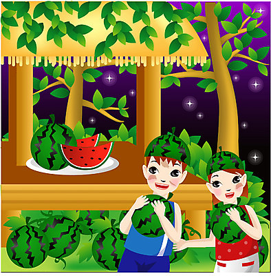 EPS 계절 여자 어린이교육 교육 남자 어린이 일러스트 방학 여름음식 수박 여름방학 사람 소녀 소년 상반신 야외 두명 여름 야간 과수원 원두막 수박서리 어린이만 제철음식 제철과일 국내일러스트 자연요소 음식 농업 과일 휴가 제철 파일형식 벡터 여름_계절