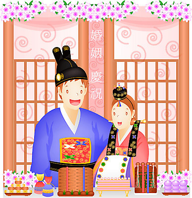 EPS 한국문화 한국전통 부부 커플 여자 남자 신부 신랑 결혼 일러스트 결혼식 전통소품 사람 상반신 성인 두명 전통의상 한복 전통의례 전통혼례 예복 성인만 국내일러스트 동양문화 전통 옷 관계 한국 이벤트 오브젝트 파일형식 벡터