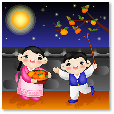 EPS 계절 여자 명절 남자 어린이 일러스트 한국 사람 소녀 소년 야외 두명 담장 추석 달 가을 야간 감나무 어린이만 국내일러스트 자연요소 나무 전통 기념일 아시아 감 파일형식 벡터