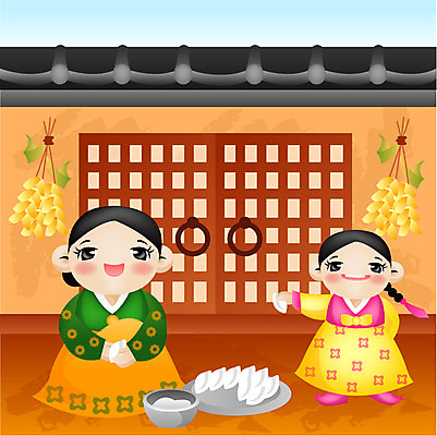 EPS 주간 전신 계절 여자 명절 일러스트 가족 모녀 엄마 한옥 서기 사람 앉기 야외 두명 추석 전통음식 가을 한복 송편 여자만 국내일러스트 자연요소 한국전통 전통 기념일 딸 음식 고건축 관계 모션 떡 전통의상 파일형식 벡터