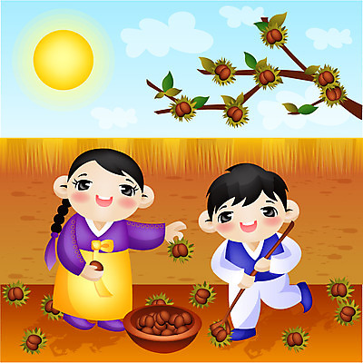 EPS 주간 전신 계절 여자 명절 남자 일러스트 서기 사람 야외 두명 태양 추석 가을 밤 밤송이 한복 밤나무 밤따기 국내일러스트 자연요소 나무 한국전통 전통 기념일 모션 견과류 밤_견과류 전통의상 파일형식 벡터