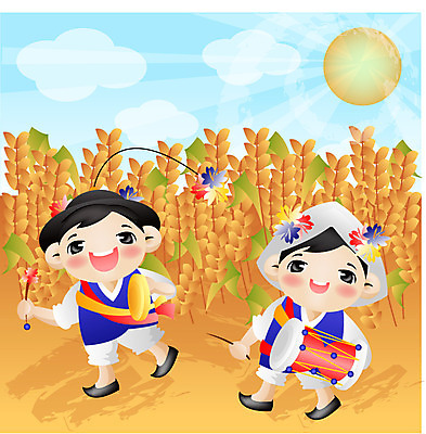 EPS 주간 전신 한국전통 전통 계절 여자 명절 남자 일러스트 곡류 논 서기 사람 야외 두명 빛 태양 추석 전통놀이 공연 벼 가을 농촌 시골 풍물놀이 농악무 국내일러스트 자연요소 기념일 농업 모션 놀이 한국 국악 이벤트 전통공연 파일형식 벡터