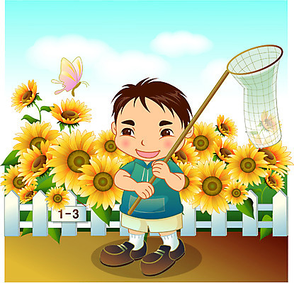 EPS 주간 캐릭터 어린이교육 교육 남자 초등학생 어린이 나비 꽃밭 일러스트 학교 하늘 해바라기 교육캐릭터 초등학교 한명 사람 소년 야외 화단 곤충채집 채집망 남자만 남자한명만 어린이만 소년만 소년한명만 일러캐릭터 자연요소 1 학생 꽃 곤충 수집 파일형식 벡터