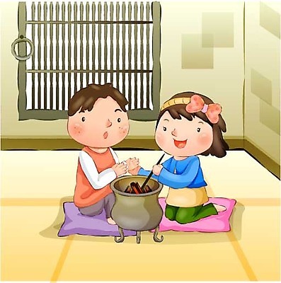 EPS 커플 계절 여자 남자 어린이 크리스마스 겨울 일러스트 불 실내 사람 소녀 소년 두명 로맨틱 눈 화로 방안 어린이만 국내일러스트 자연요소 그릇 기념일 컨셉 관계 날씨 내부 파일형식 벡터