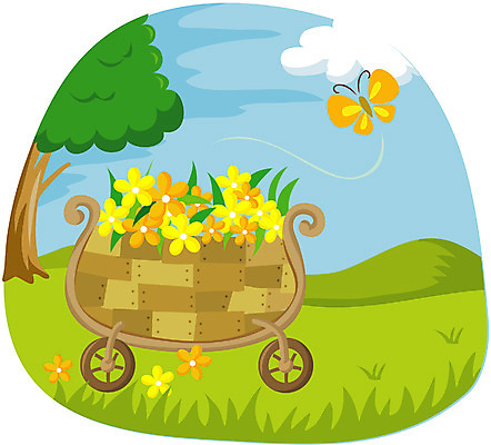 EPS 주간 클립아트 식물 사계절 계절 꽃 컬러 나비 일러스트 자연 풍경 사람없음 야외 노란색 수레 봄 꽃마차 국내일러스트 자연요소 곤충 카트 생태계 마차 파일형식 벡터