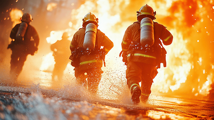 JPG 전신 편집이미지 불 여러명 성인 달리기 구출 소방관 화재 튀는물 희생 소방관모자 의료성형뷰티 성인만 방호복 편집실사 AI인물포토 AI콘텐츠 자연요소 모자_잡화 옷 다수 모션 사람 도움 구조원 소방 사건 CG 액체표현 스플래쉬 파일형식 AI포토