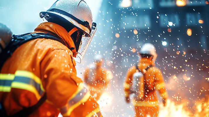 JPG 편집이미지 불 상반신 성인 세명 구출 소방관 화재 희생 산소통 소방관모자 의료성형뷰티 성인만 방호복 편집실사 AI인물포토 AI콘텐츠 자연요소 모자_잡화 옷 통 사람 도움 구조원 소방 사건 CG 파일형식 AI포토