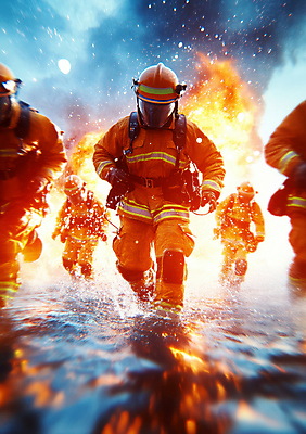 JPG 전신 편집이미지 불 여러명 성인 달리기 구출 연기 소방관 역동적 화재 튀는물 희생 소방관모자 의료성형뷰티 성인만 방호복 편집실사 AI인물포토 AI콘텐츠 자연요소 모자_잡화 옷 다수 컨셉 모션 사람 도움 구조원 소방 사건 CG 액체표현 스플래쉬 파일형식 AI포토