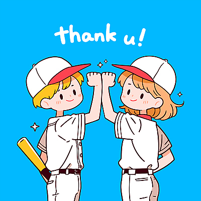 여자 남자 행복 어린이 일러스트 웃음 소녀 소년 두명 파란색 친구 손들기 파이팅 야구방망이 동료 즐거움 감사 야구모자 야구복 땡큐 어린이만 국내일러스트 일러캐릭터 AI파일 캐릭터 모자_잡화 감정 컬러 관계 모션 표정 사람 운동복 야구 야구용품 파일형식 벡터