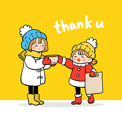 전신 여자 행복 어린이 일러스트 봉투 털모자 미소 들기 소녀 성인 두명 노란색 목도리 코트 봉사 자원봉사자 주기 감사 땡큐 여자만 국내일러스트 일러캐릭터 AI파일 캐릭터 모자_잡화 잡화 감정 컬러 모션 표정 사람 외투 도움 파일형식 벡터