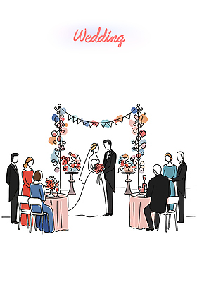 전신 여자 노년 남자 신부 부케 웨딩드레스 신랑 의자 일러스트 신혼부부 탁자 결혼식 면사포 들기 앉기 턱시도 여러명 성인 마주보기 신혼 가랜드 하객 국내일러스트 AI파일 부부 드레스 꽃다발 가구 다수 결혼 모션 사람 정장 고객 파티용품 결혼소품 파일형식 벡터