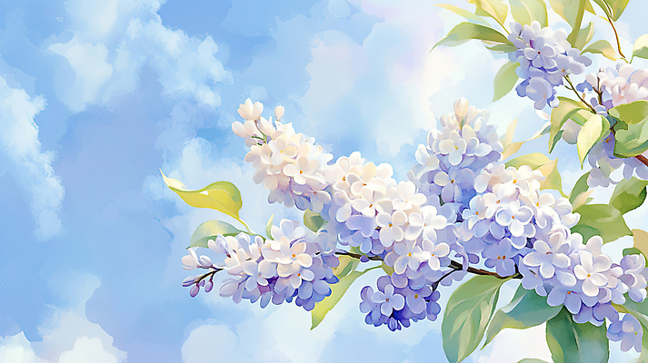 JPG 구름 잎 일러스트 봄꽃 하늘 사람없음 봄풍경 개화 라일락 국내일러스트 AI일러스트 AI콘텐츠 자연요소 식물 꽃 풍경 봄 파일형식