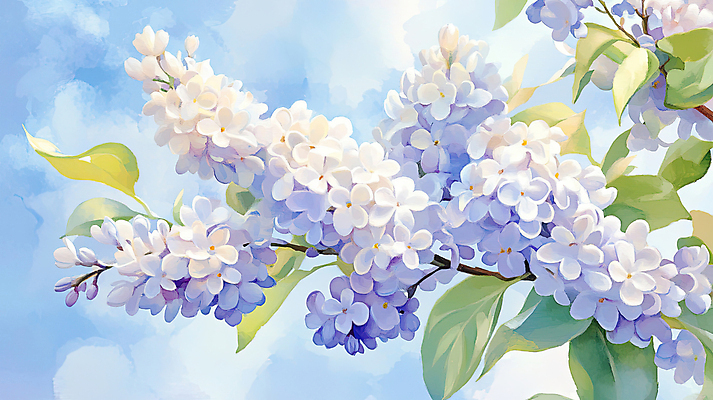 JPG 구름 잎 일러스트 봄꽃 하늘 사람없음 봄풍경 개화 라일락 국내일러스트 AI일러스트 AI콘텐츠 자연요소 식물 꽃 풍경 봄 파일형식