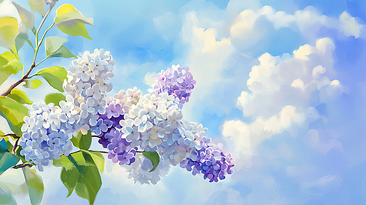 JPG 구름 잎 일러스트 봄꽃 하늘 사람없음 봄풍경 개화 라일락 국내일러스트 AI일러스트 AI콘텐츠 자연요소 식물 꽃 풍경 봄 파일형식
