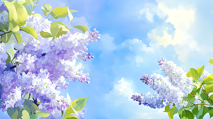 JPG 구름 잎 일러스트 봄꽃 하늘 사람없음 봄풍경 개화 라일락 국내일러스트 AI일러스트 AI콘텐츠 자연요소 식물 꽃 풍경 봄 파일형식
