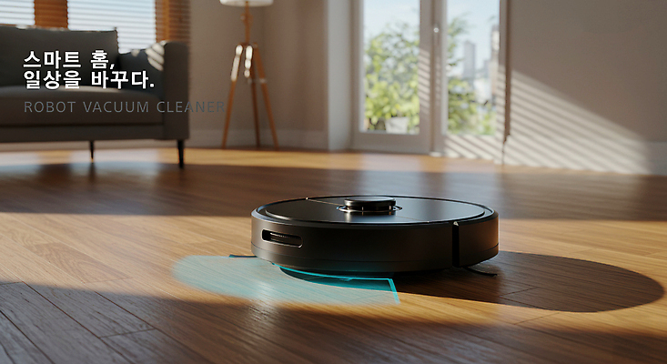 PSD 편집이미지 창문 실내 사람없음 소파 햇빛 갈색 가전제품 마루 청소기 청소로봇 홀로그램 스마트홈 신기술 AI_인공지능 이미지편집 컬러 의자 바닥 기술 내부 전자제품 태양 청소도구 로봇 파일형식