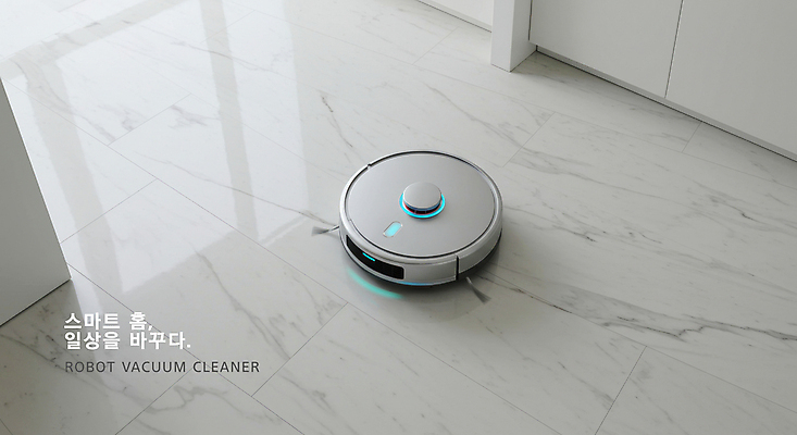 PSD 편집이미지 실내 사람없음 햇빛 가전제품 흰색 대리석 청소기 청소로봇 스마트홈 신기술 AI_인공지능 이미지편집 컬러 재료 기술 내부 전자제품 태양 청소도구 로봇 파일형식