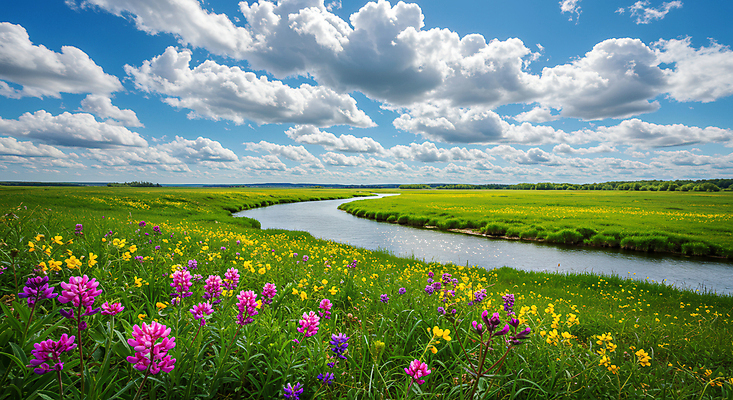JPG 구름 편집이미지 꽃밭 자연 하늘 초원 사람없음 초록색 강 맑음 봄풍경 편집실사 AI포토 AI콘텐츠 자연요소 꽃 컬러 날씨 풍경 봄 CG 생태계 파일형식