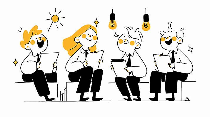 전신 여자 남자 일러스트 전구 회의 미소 들기 앉기 정장 여러명 성인 업무 비즈니스맨 비즈니스우먼 즐거움 성인만 국내일러스트 AI파일 옷 감정 다수 비즈니스 모션 표정 사람 작업 직장인 파일형식 벡터