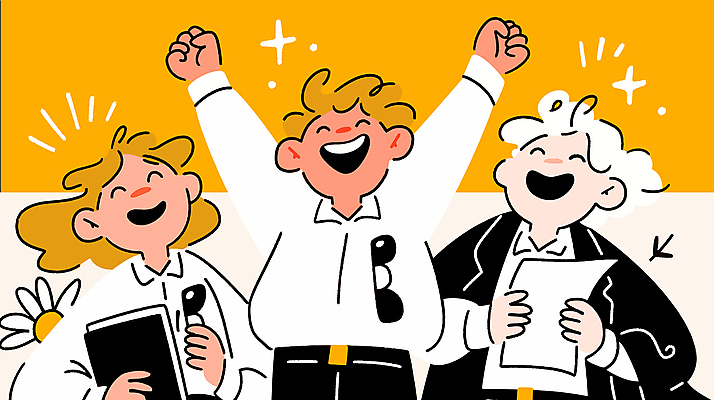 여자 남자 일러스트 미소 들기 정장 상반신 성인 세명 노란색 만세 업무 비즈니스맨 비즈니스우먼 즐거움 성인만 국내일러스트 AI파일 옷 감정 컬러 비즈니스 모션 표정 사람 작업 직장인 파일형식 벡터