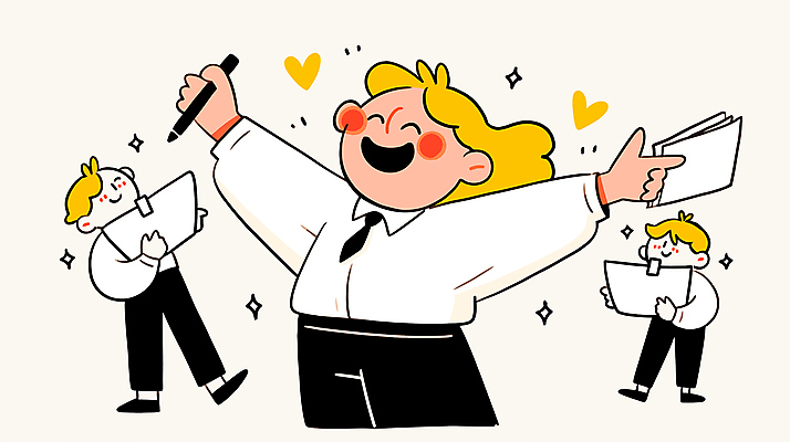 여자 남자 일러스트 미소 들기 정장 성인 세명 반짝임 연필 하트 업무 비즈니스맨 비즈니스우먼 즐거움 성인만 국내일러스트 AI파일 모양 옷 감정 비즈니스 모션 학용품 표정 사람 필기구 작업 직장인 파일형식 벡터