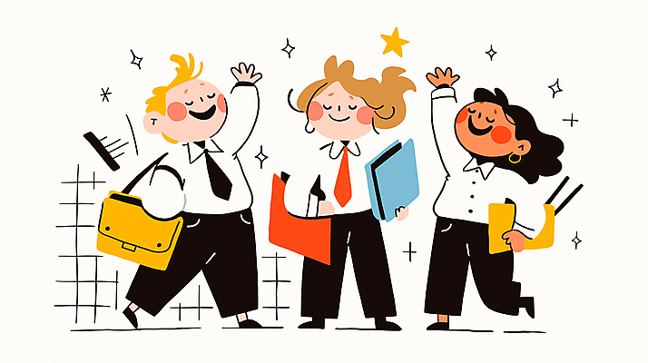 전신 여자 남자 서류가방 일러스트 미소 들기 정장 성인 세명 걷기 눈감음 업무 비즈니스맨 비즈니스우먼 즐거움 손인사 성인만 국내일러스트 AI파일 옷 감정 가방 비즈니스 모션 표정 사람 인사 작업 직장인 파일형식 벡터