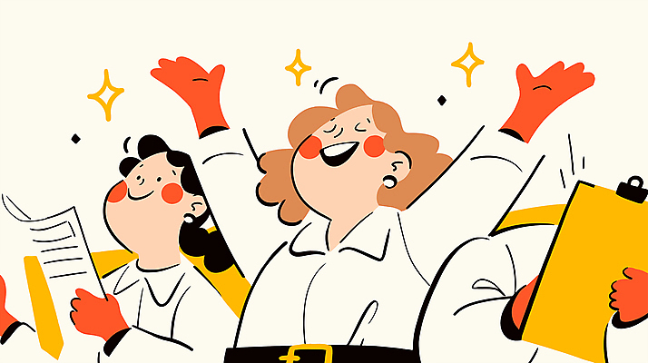 여자 남자 일러스트 미소 들기 정장 상반신 성인 두명 만세 업무 비즈니스맨 비즈니스우먼 즐거움 서류판 성인만 국내일러스트 AI파일 옷 감정 비즈니스 모션 표정 사람 사무용품 작업 직장인 파일형식 벡터