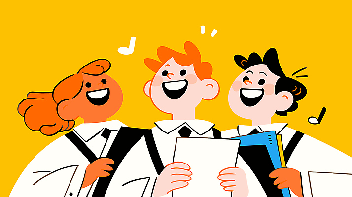 여자 남자 음표 일러스트 미소 들기 정장 상반신 성인 세명 노란색 업무 비즈니스맨 비즈니스우먼 즐거움 성인만 국내일러스트 AI파일 기호 옷 감정 음악 컬러 비즈니스 모션 표정 사람 작업 직장인 파일형식 벡터