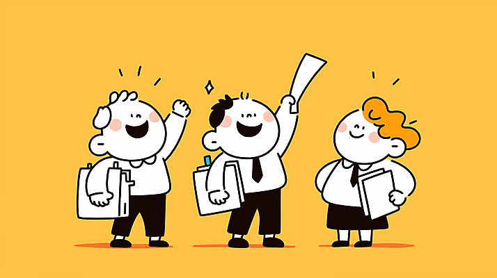 전신 여자 남자 허리손 일러스트 미소 들기 정장 성인 세명 노란색 업무 비즈니스맨 비즈니스우먼 즐거움 성인만 국내일러스트 AI파일 옷 감정 컬러 포즈 비즈니스 모션 표정 사람 작업 직장인 파일형식 벡터