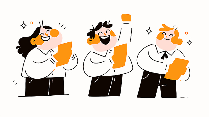 여자 남자 일러스트 미소 들기 정장 성인 세명 반짝임 손들기 업무 비즈니스맨 비즈니스우먼 즐거움 성인만 국내일러스트 AI파일 옷 감정 비즈니스 모션 표정 사람 작업 직장인 파일형식 벡터