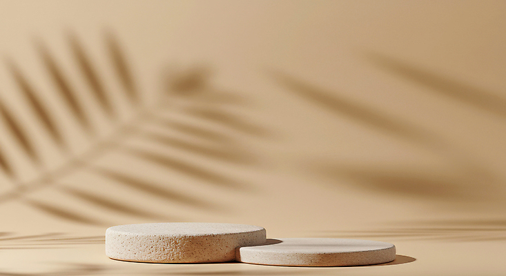 JPG 편집이미지 잎 그림자 사람없음 원형 돌판 베이지색 포디움 편집실사 AI포토 AI콘텐츠 도형 식물 컬러 무대 돌_바위 CG 파일형식