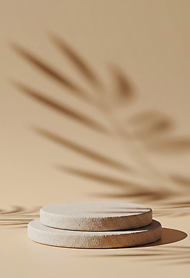 JPG 편집이미지 잎 그림자 사람없음 원형 돌판 베이지색 포디움 편집실사 AI포토 AI콘텐츠 도형 식물 컬러 무대 돌_바위 CG 파일형식