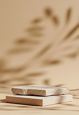 JPG 편집이미지 잎 그림자 사람없음 사각형 돌판 베이지색 포디움 편집실사 AI포토 AI콘텐츠 도형 식물 컬러 무대 돌_바위 CG 파일형식