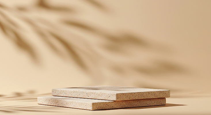 JPG 편집이미지 잎 그림자 사람없음 사각형 돌판 베이지색 포디움 편집실사 AI포토 AI콘텐츠 도형 식물 컬러 무대 돌_바위 CG 파일형식