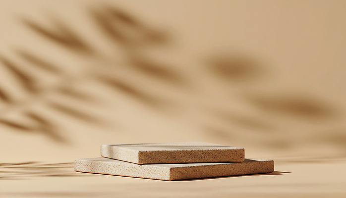 JPG 편집이미지 잎 그림자 사람없음 사각형 돌판 베이지색 포디움 편집실사 AI포토 AI콘텐츠 도형 식물 컬러 무대 돌_바위 CG 파일형식