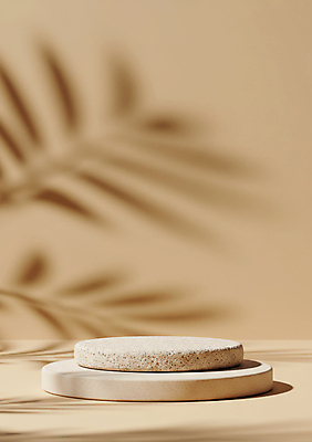 JPG 편집이미지 잎 그림자 사람없음 원형 돌판 베이지색 포디움 편집실사 AI포토 AI콘텐츠 도형 식물 컬러 무대 돌_바위 CG 파일형식