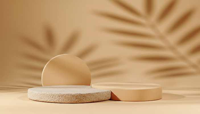 JPG 편집이미지 잎 그림자 사람없음 원형 돌판 베이지색 포디움 편집실사 AI포토 AI콘텐츠 도형 식물 컬러 무대 돌_바위 CG 파일형식